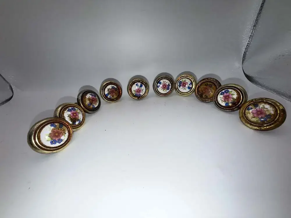 Set of 10 Vintage Porcelain Floral Cabinet Drawer Knobs with Brass Hardware
